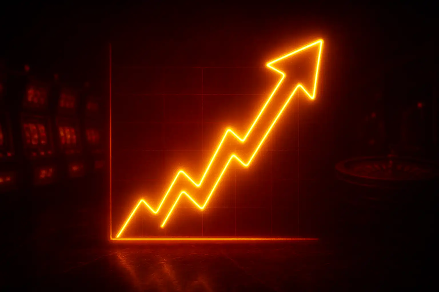 Glowing crash game multiplier graph rising against a crimson casino backdrop