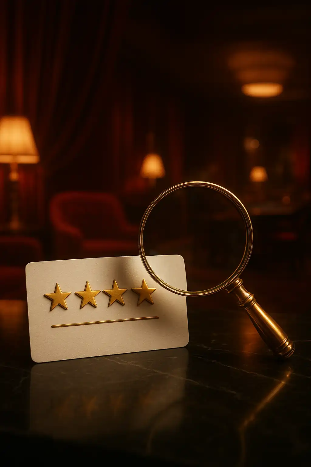 Golden magnifying glass over a casino rating card on black marble