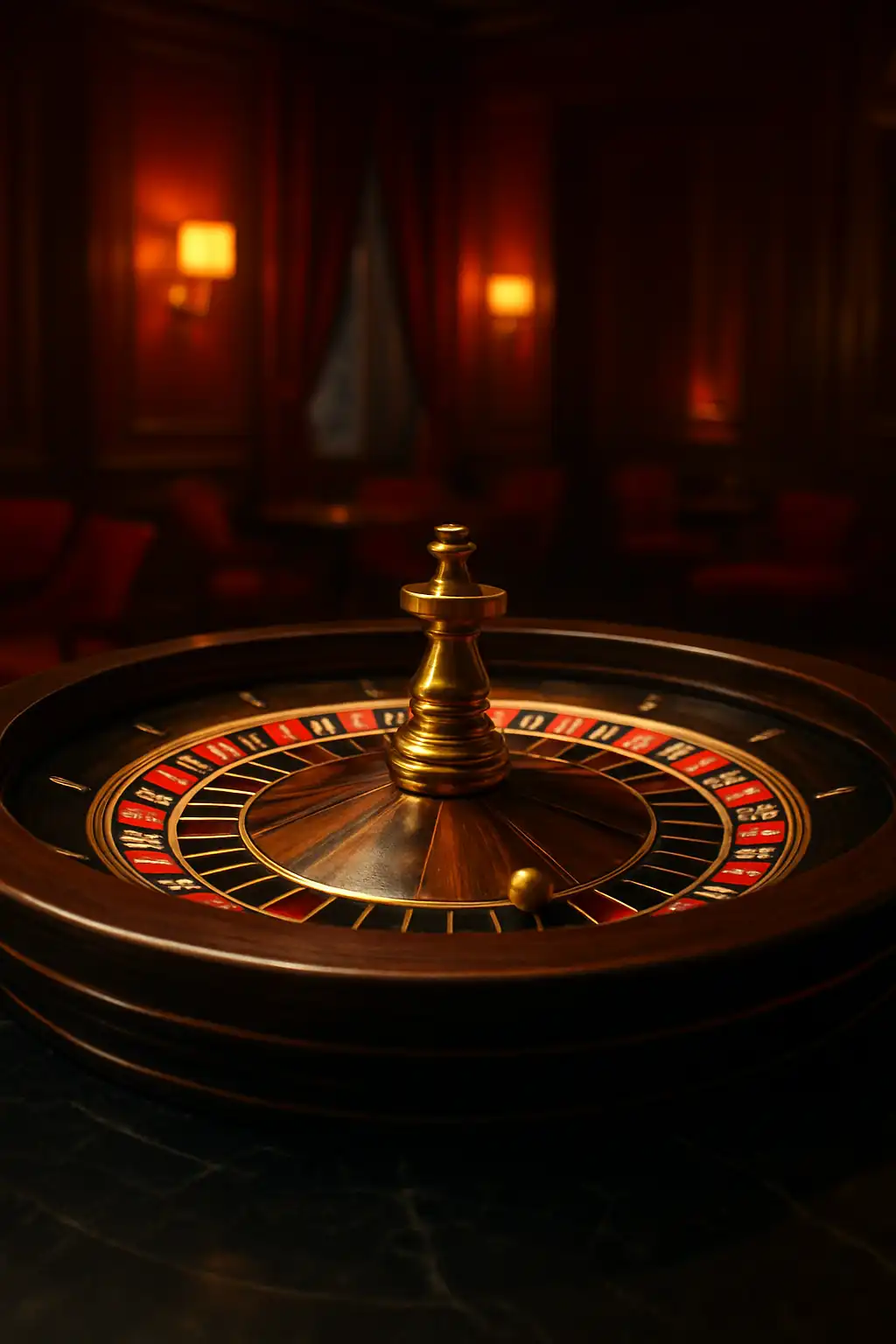 Elegant roulette wheel spinning on a black marble table with a golden ball