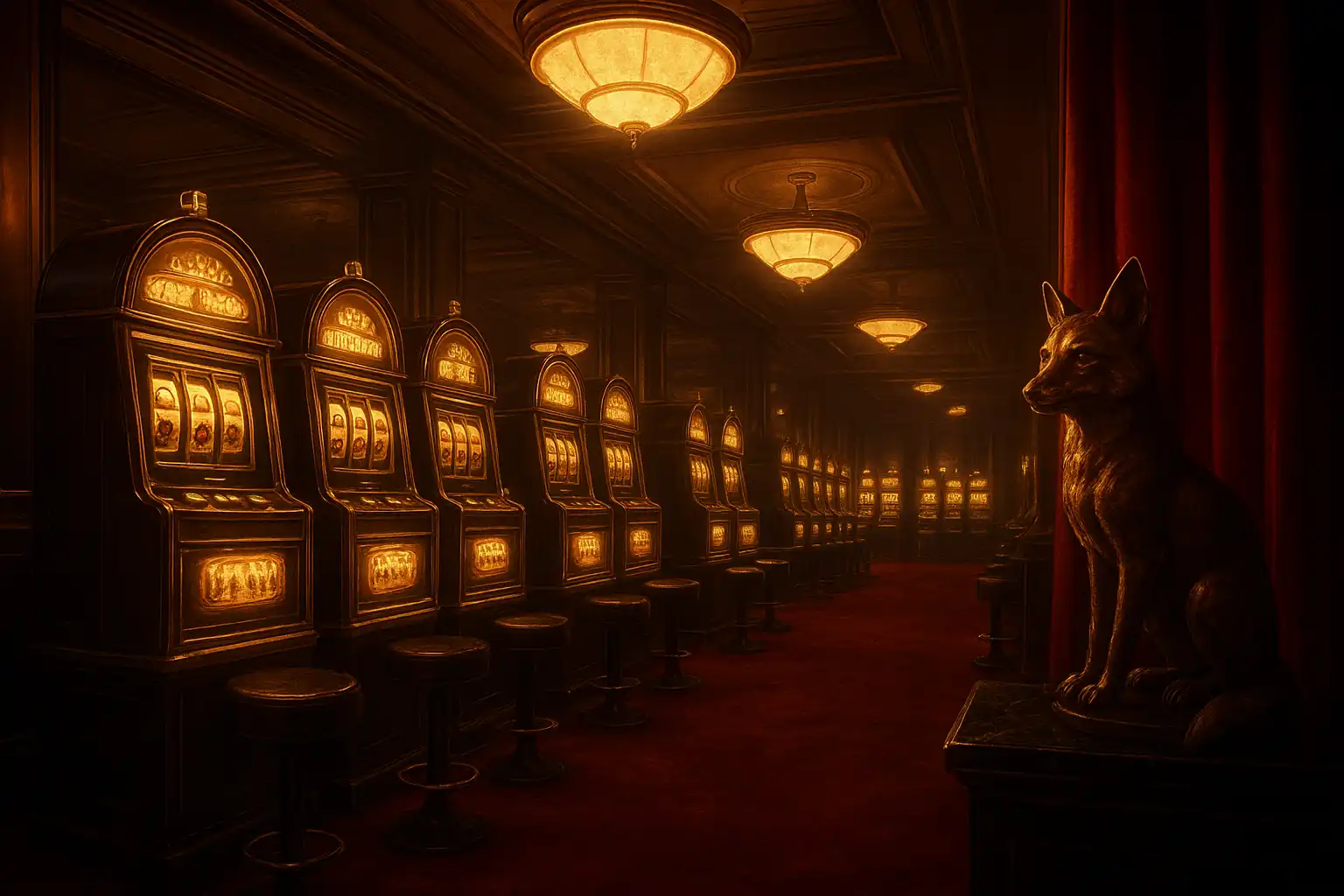 Elegant slot machine hall inside the FoxyFlush crimson lounge