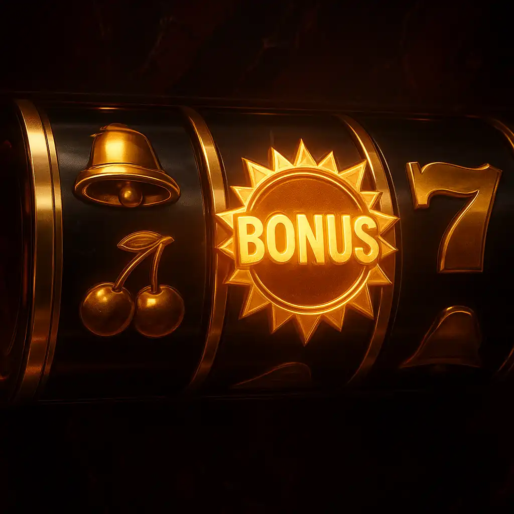 Slot reels spinning with a bonus badge